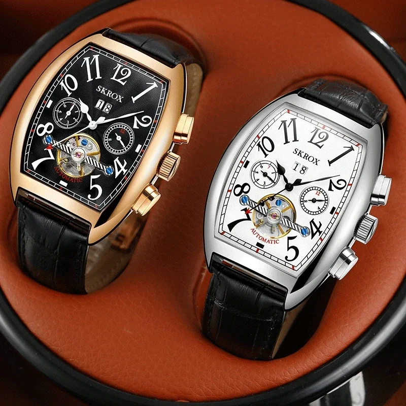 SKROX Shanghai movimiento automático Tourbillon Tonneau marcas de lujo reloj de hombre relojes de pulsera mecánicos para hombre reloj con correa de cuero
