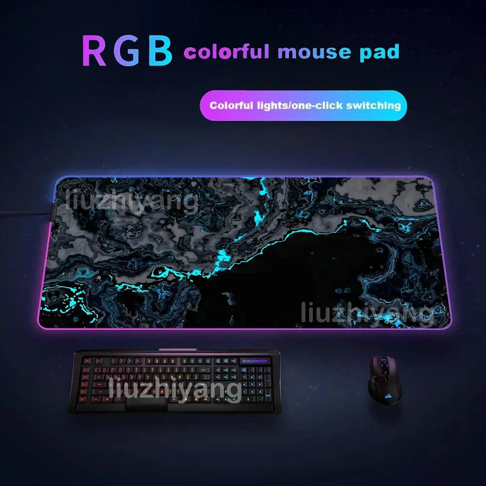 

Синий жидкий коврик для мыши, большие игровые коврики для мыши RGB, светодиодный светильник с фиксированными краями, игровые аксессуары, настольные коврики, коврик для клавиатуры ПК XXL 90x40 см