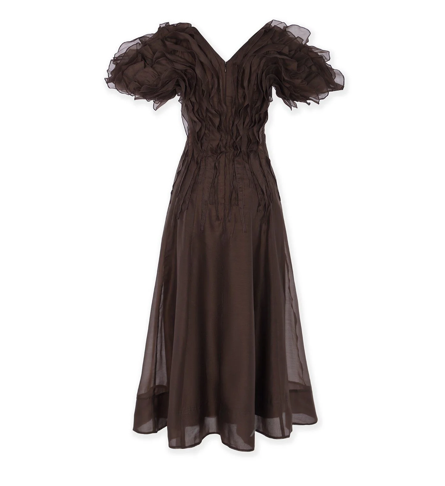 RRP$709 Vintage Ruffles Pleated Puff Sleeve High-waist V-neck Court Midi Evening Dress AU6-AU12