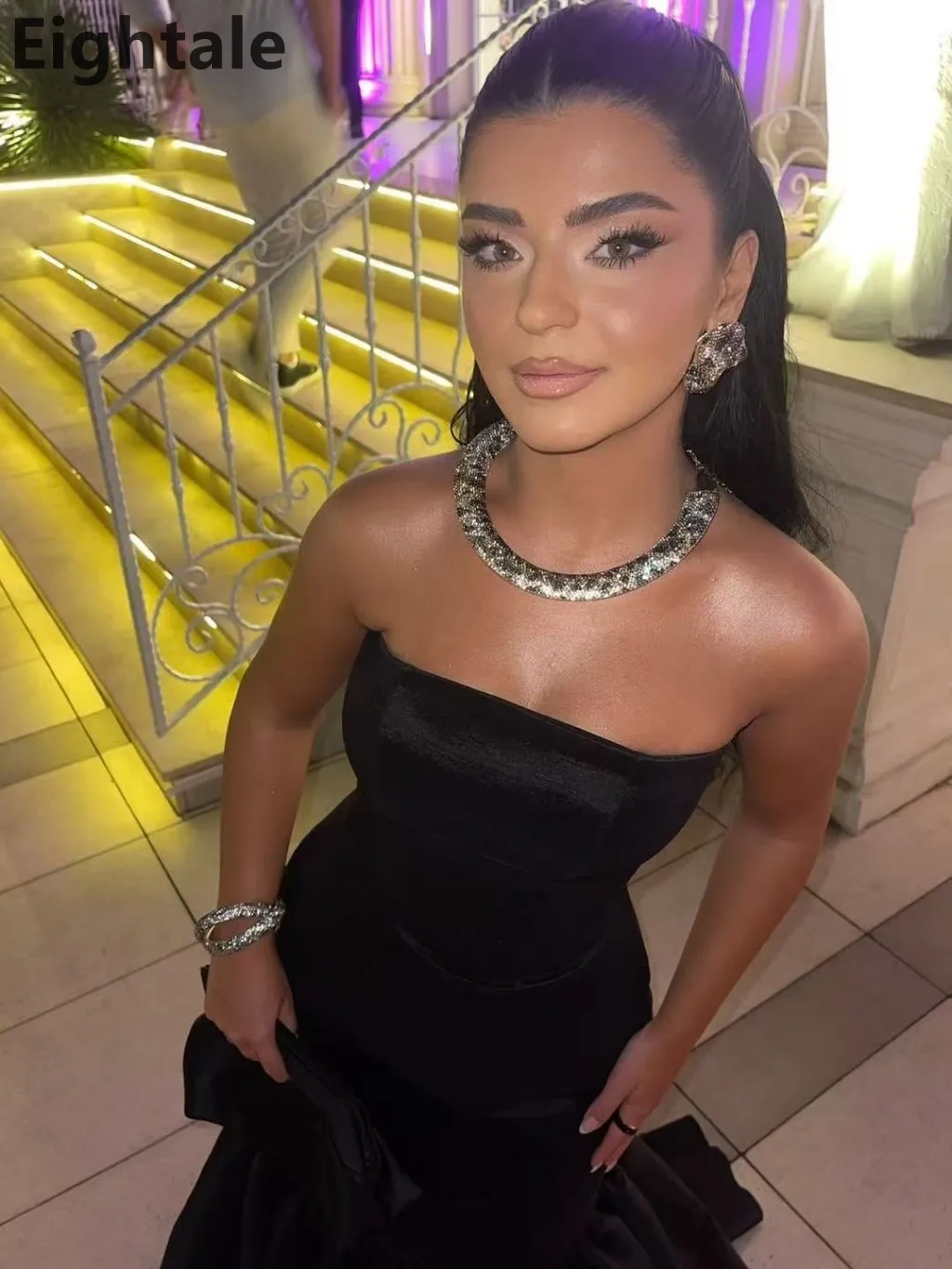 

Eightale Customized Black Mermaid Strapless Evening Dress For Wedding Party Formal Prom Dress Dubai Party Gown Robe de soiree
