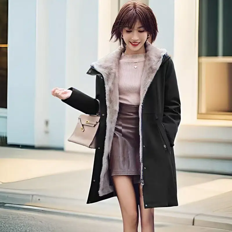 

2025: меховая парка Haining, пальто средней длины с капюшоном на флисовой подкладке, утепленный женский пиджак с капюшоном, повседневная свободная посадка