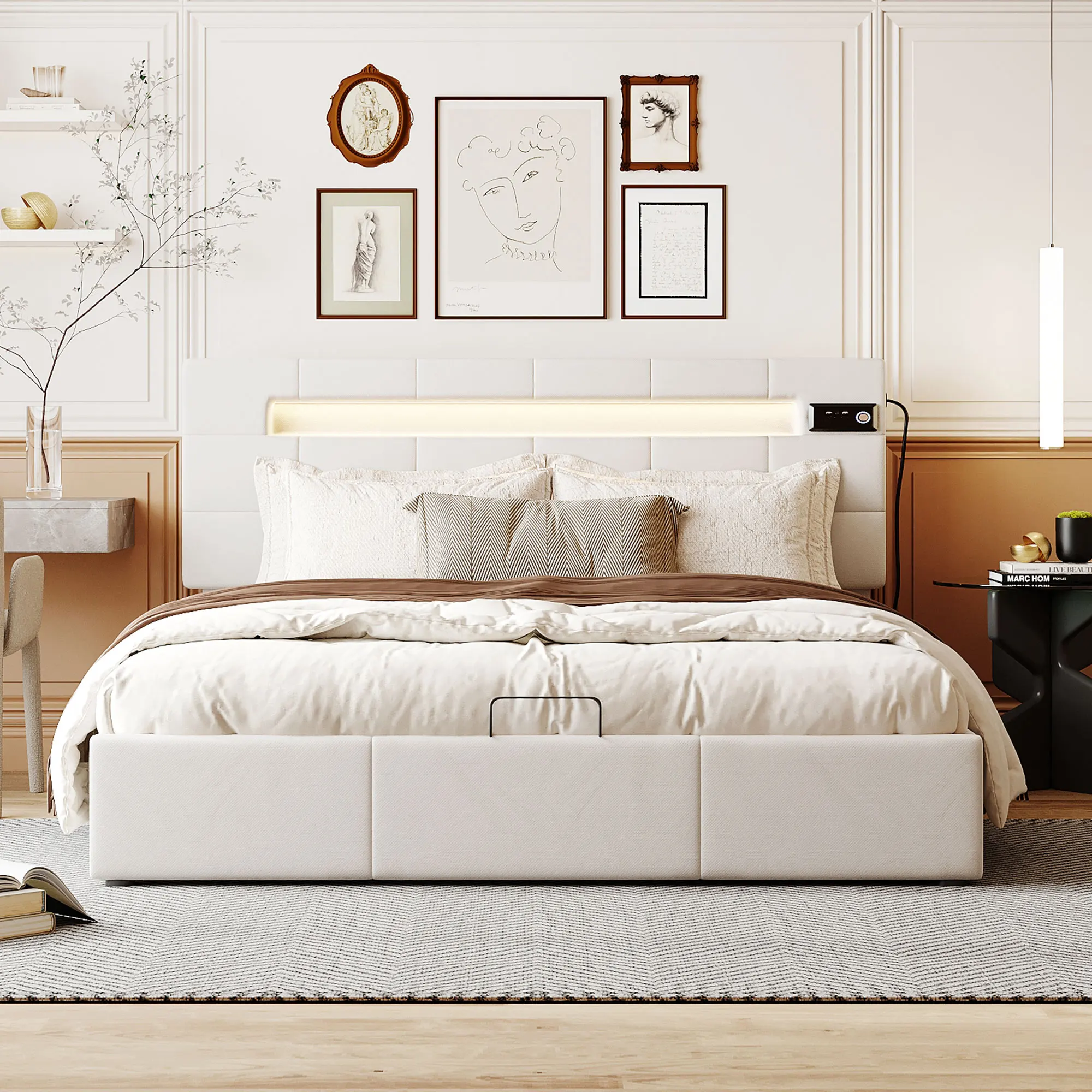 Upholstered Platform Bed with LED Light and Integrated Bluetooth Audio System, Hydraulic Storage System and USB Port