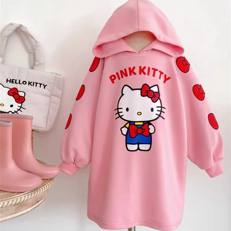 

Autumn Winter Cute Hello Kitty Long Sleeve Shirt Children Kawaii MINISO Anime Kt Cat Hoodie Dress Loose Clothing Gifts for Kids