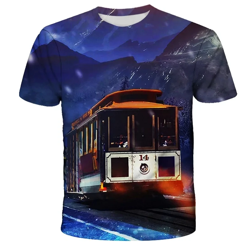 Fashion Trends Summer New Retro Train Engine Pattern Printed Men\'s T-shirt Street Fashion Cool Round Neck Plus Size Top