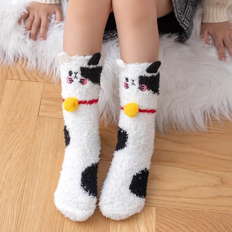 Autumn and Winter New Non-hair Ears Embroidery Fortune Cat Claws Sleep Children Warm Thick Socks