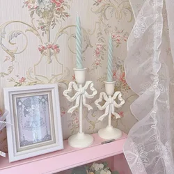 Pink Bow Knot Iron Candlestick Vintage White Ornament Candle Holders Desktop Livingroom Home Decorations Diningtable Props