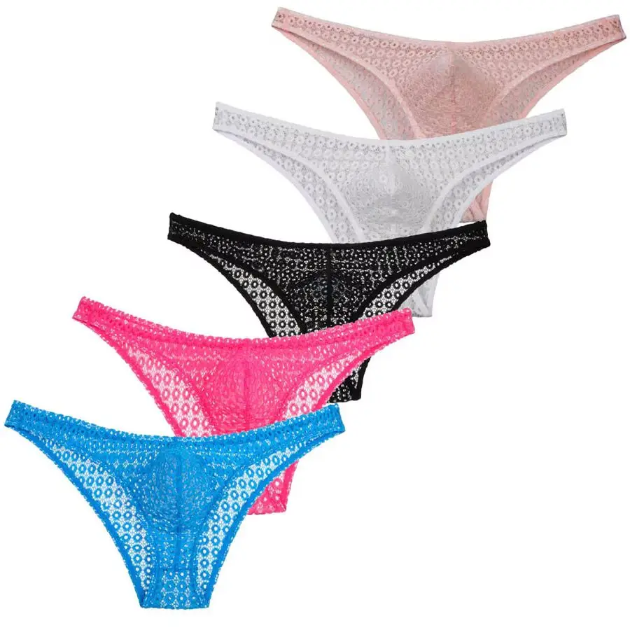 

4Pcs Sexy Men's Lace Mesh Bikini Briefs Underwear Jacquard Hollow Bulge Pouch Sissy Panties Low Rise Breathable Beach Shorts