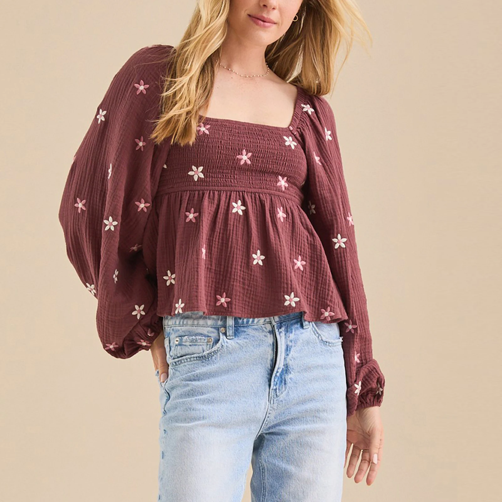 Embroidered Babydoll Peplum Tops for Women Puff Sleeve Square Neck Floral Print Ruffle Hem Smocked Y2k Shirts