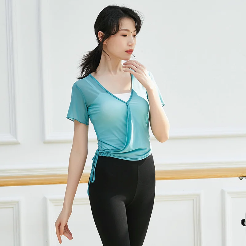 

Women Gauze Mesh Dance Top Short Sleeve Performance Costumes Yoga Sheer Tee Top Waist Drawstring Tie Stage Training Casual Shirt