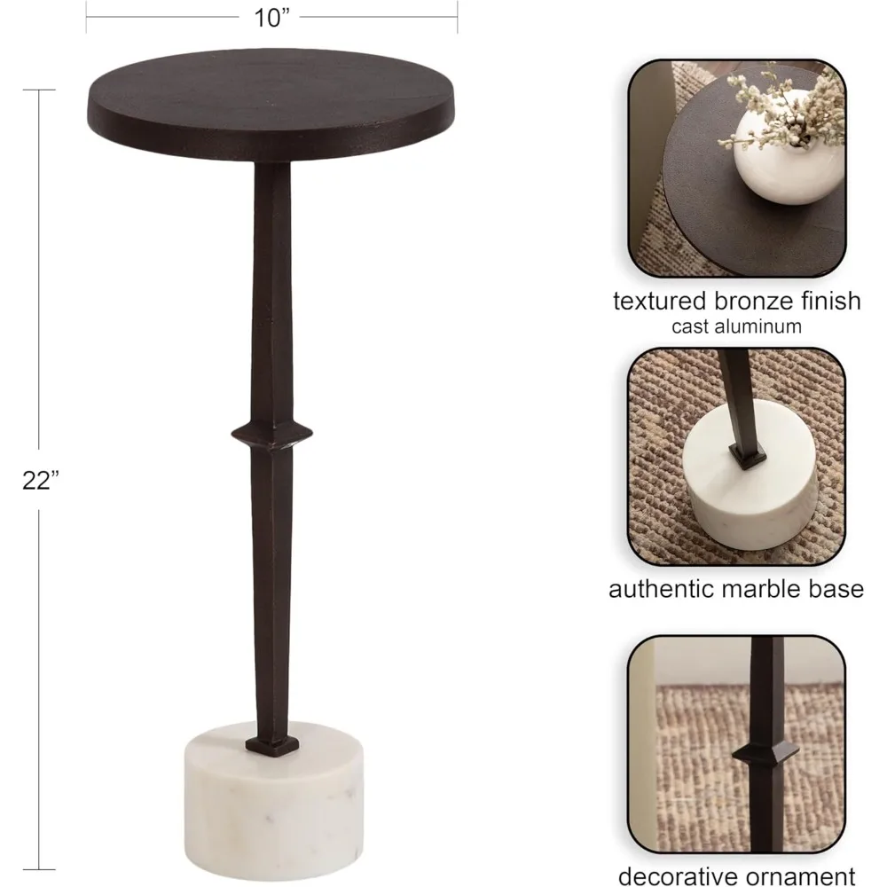 طاولة مشروبات من الألومنيوم المصبوب الحديث من كيت آند لوريل لازارو، 10 × 10 × 22، رخام برونزي وأبيض، طاولة بقاعدة مستديرة جلام مع م