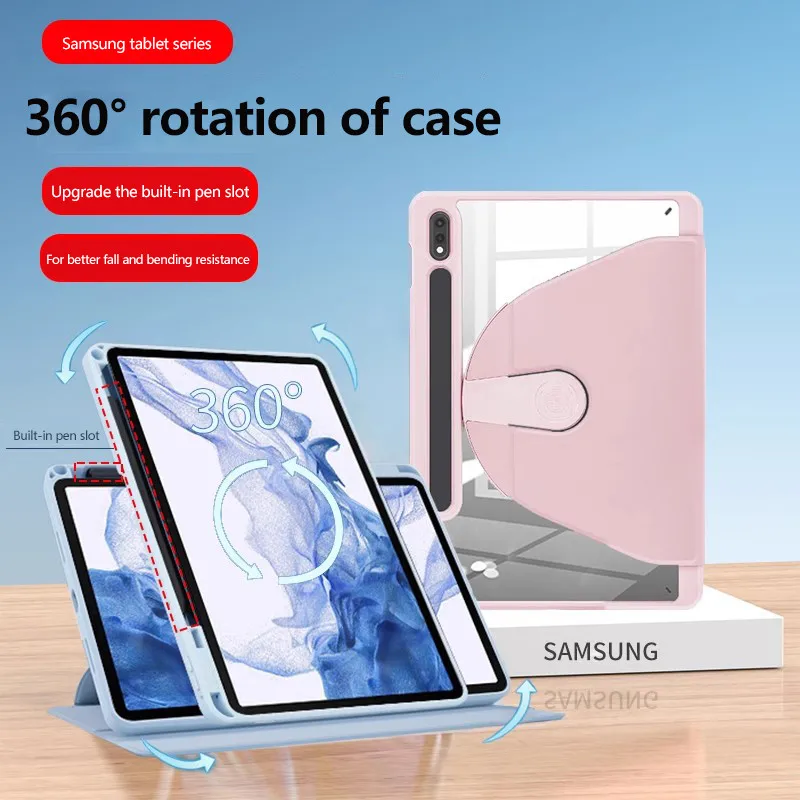 Rotating Acrylic Clear Case For Samsung Galaxy Tab S10 Plus S10+ 12.4 2024 S9 FE Plus S7+ S8 Plus A8 S6 Lite A9 With Pen Slot