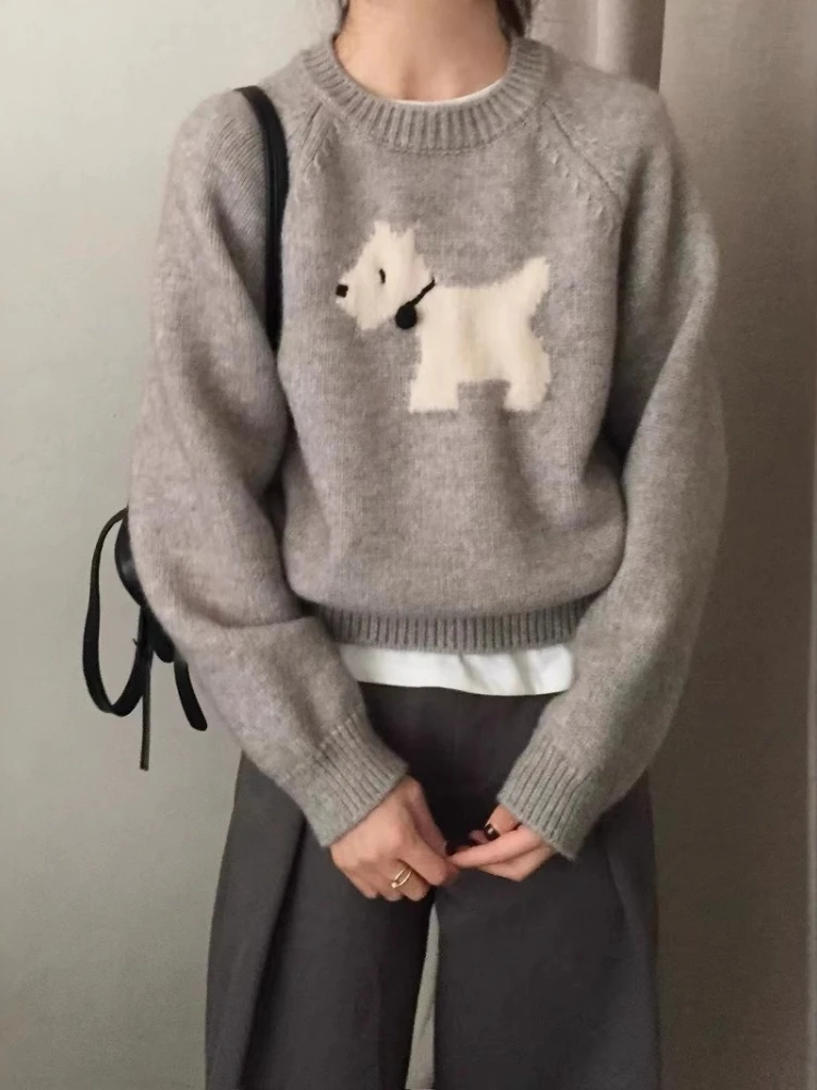 

2025 Korean Jacquard Hooded Knitted Tops Fashion Casual Cartoon Dog Sweater Women's Autumn/Winter Loose Knitted Sweater Grey Top