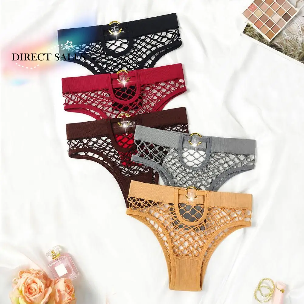 

3Pcs Hollow Soild Color Mesh Panties Middle Waist Metal Buckle Women Underpants Seamless Sexy Fishing Net Briefs Women