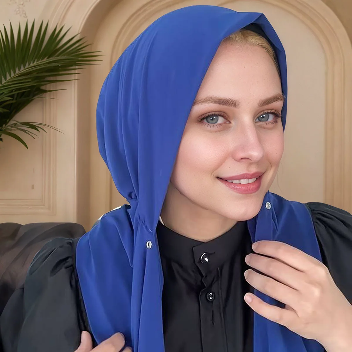 Muslim fashion simple solid color scarf hat snap button Baotou integrated gauze scarf sandproof hat view 2