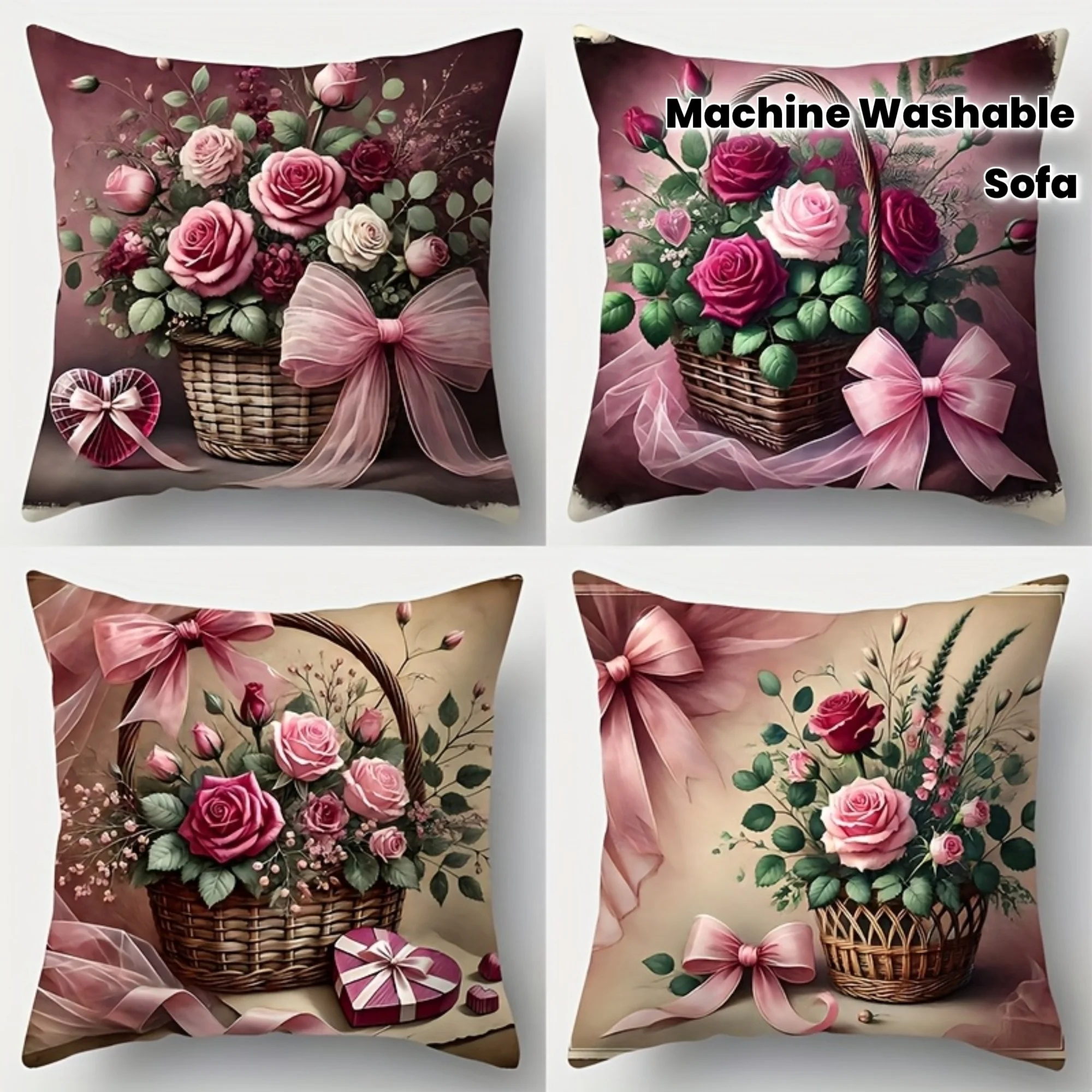 4pcs Elegant Rose Bouquet Pillow Covers Modern Style Decorative Zipper Cushion Cases Machine Washable for Living Room Sofa