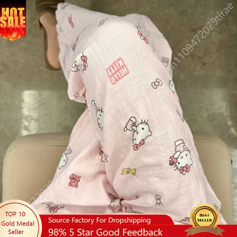 

Anime Sanrio Hello Kitty Pure Pajama Pants Wide Kawaii Kitty Leg Pants Summer Thin High Waist Casual Trousers Birthday Gifts