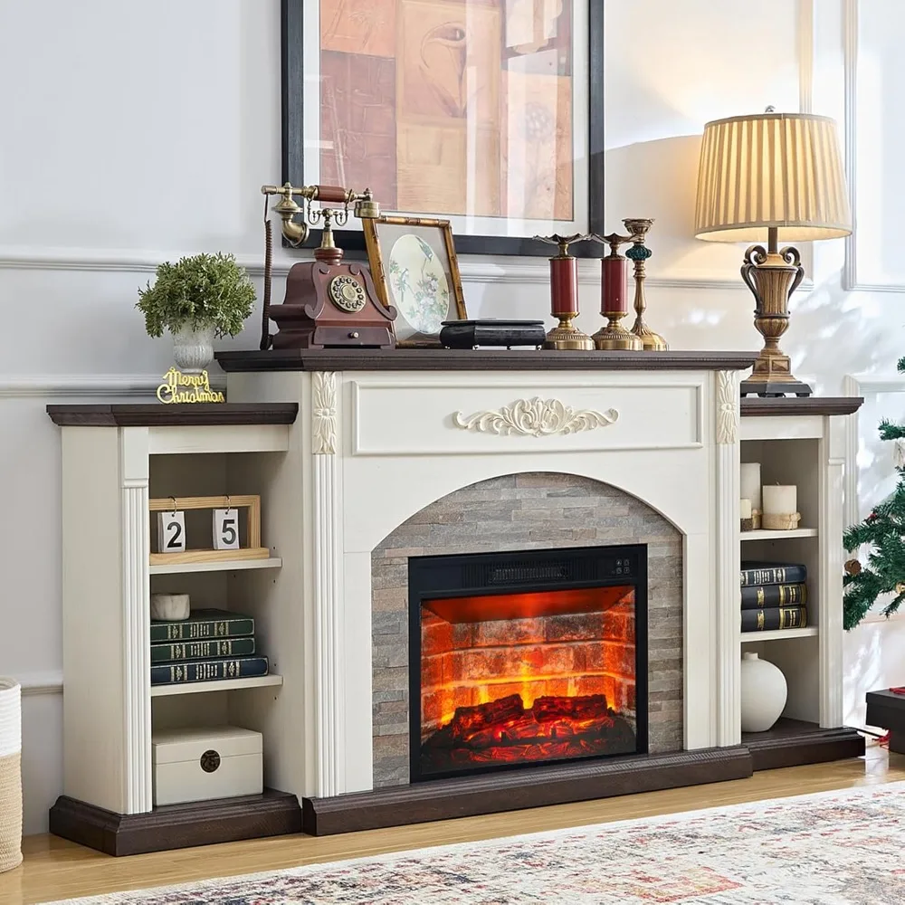 Chimenea eléctrica de 72" con repisa, soporte para TV de granja para televisores de hasta 80 pulgadas, centro de entretenimiento blanco con almacenamiento para dormitorio