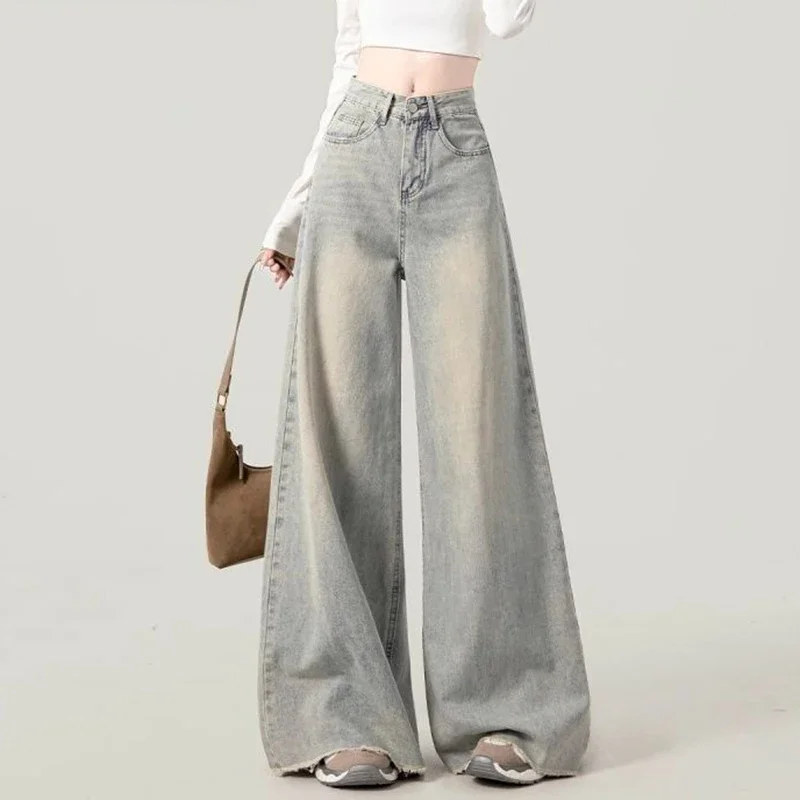 Girls Designer High Waist Raw Edge Jeans Female Korean Retro Straight Leg Denim Pants Women Chic Fashion Baggy Trousers
