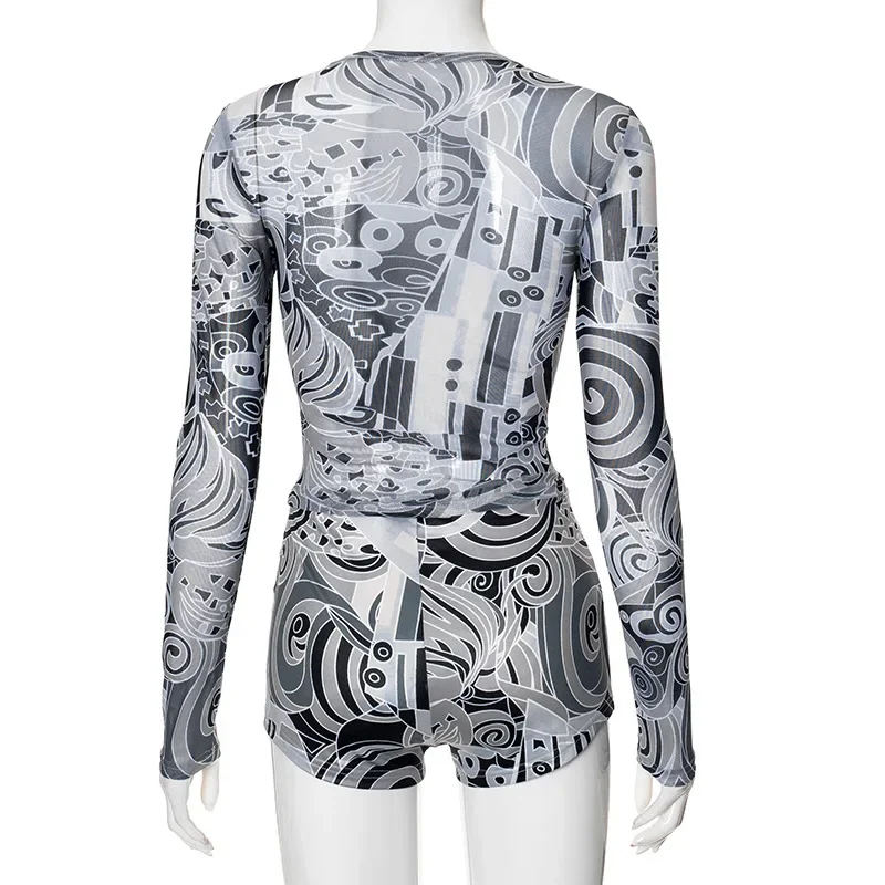 Women Sexy Printed Mesh 2 Piece Set Tracksuits Long Sleeve T-shirts Tops + Shorts Fashion Casual Streetwear Suit Clubwear