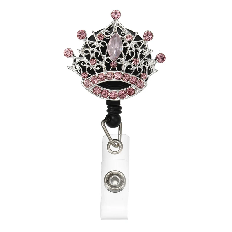 Crystal Rhinestone Crown Retractable ID Badge Name Card Holder Reel for Office Doctor Nurse Name Badges Pink