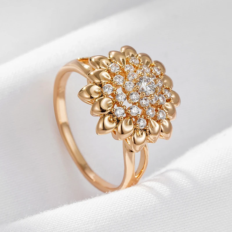 Wbmqda Full Zircon 585 Rose Gold Color Crystal Sun Flower Rings For Women  Luxury Retro Jewelry Daily Match Fine Accessories