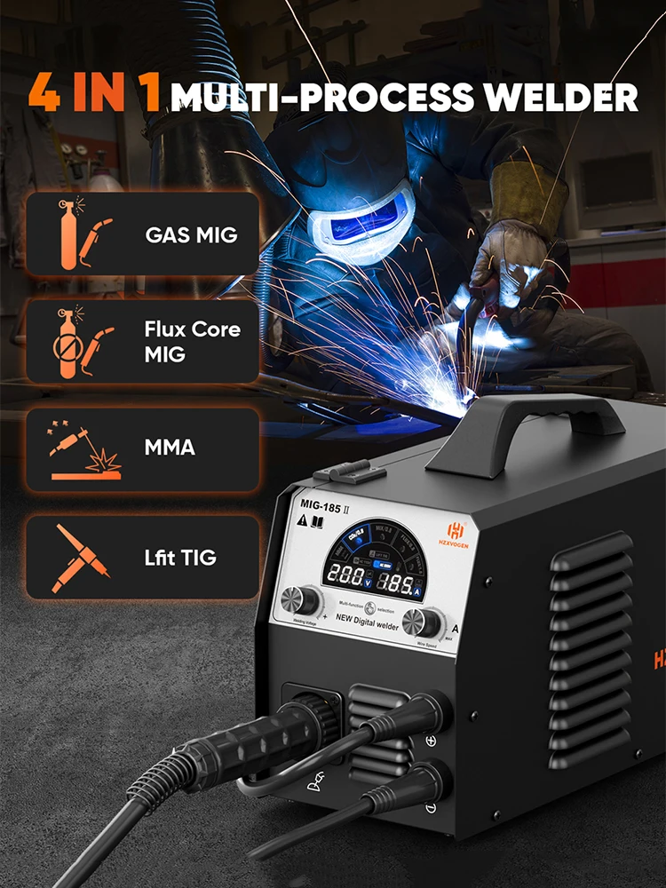 HZXVOGEN MIG185 Fülldraht-Schweißgerät 4-in-1: Elektrodenschweißen (MMA), Gas-/Gaslos-MIG, Lift-TIG mit LED-Bildschirm, SYN IGBT Inverter, Digitales Schweißgerät für 0,8/1,0mm 1KG Draht,