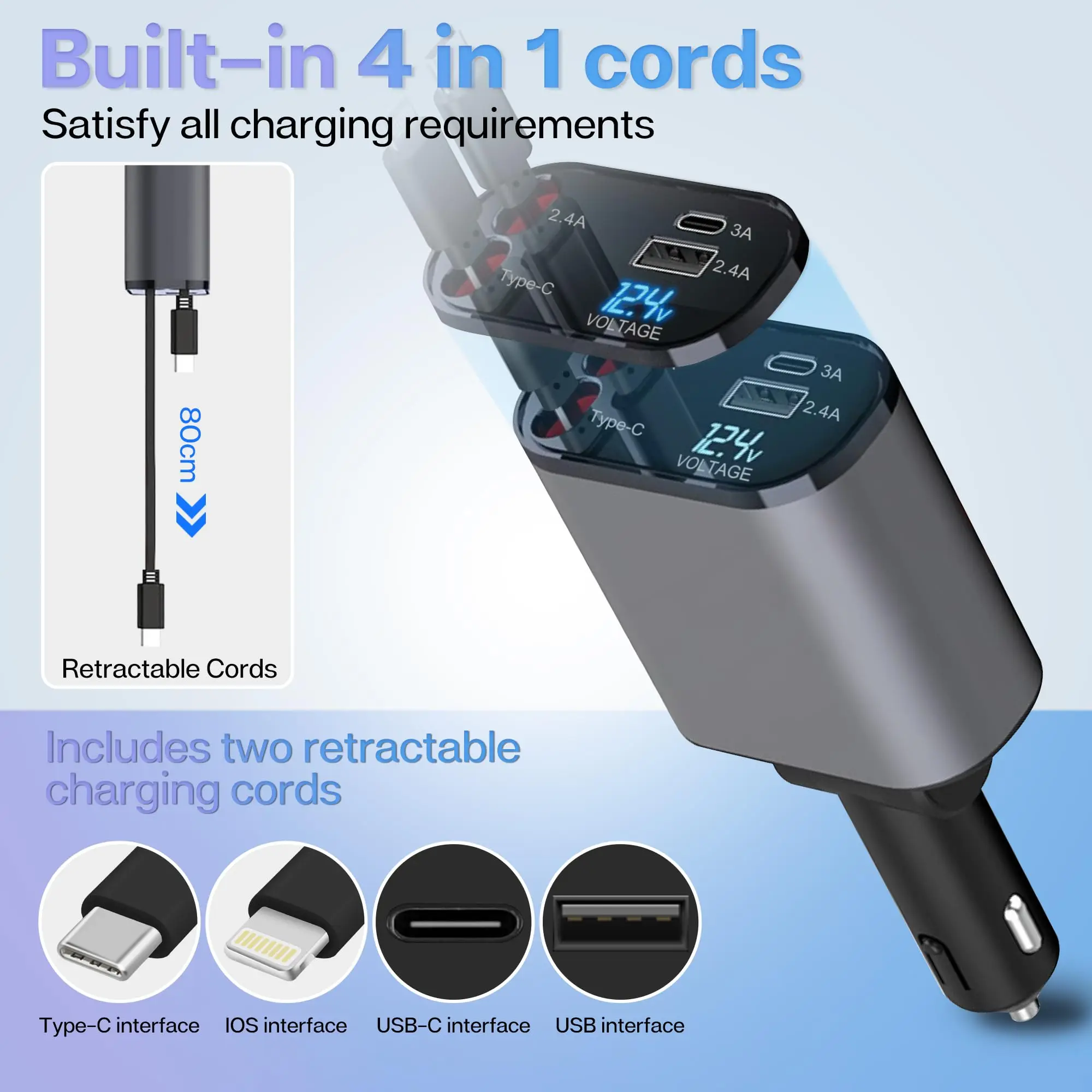 4-in-1 Retractable Car Charger Cable (USB PD / Type-C / iPhone Fast Charge) 2