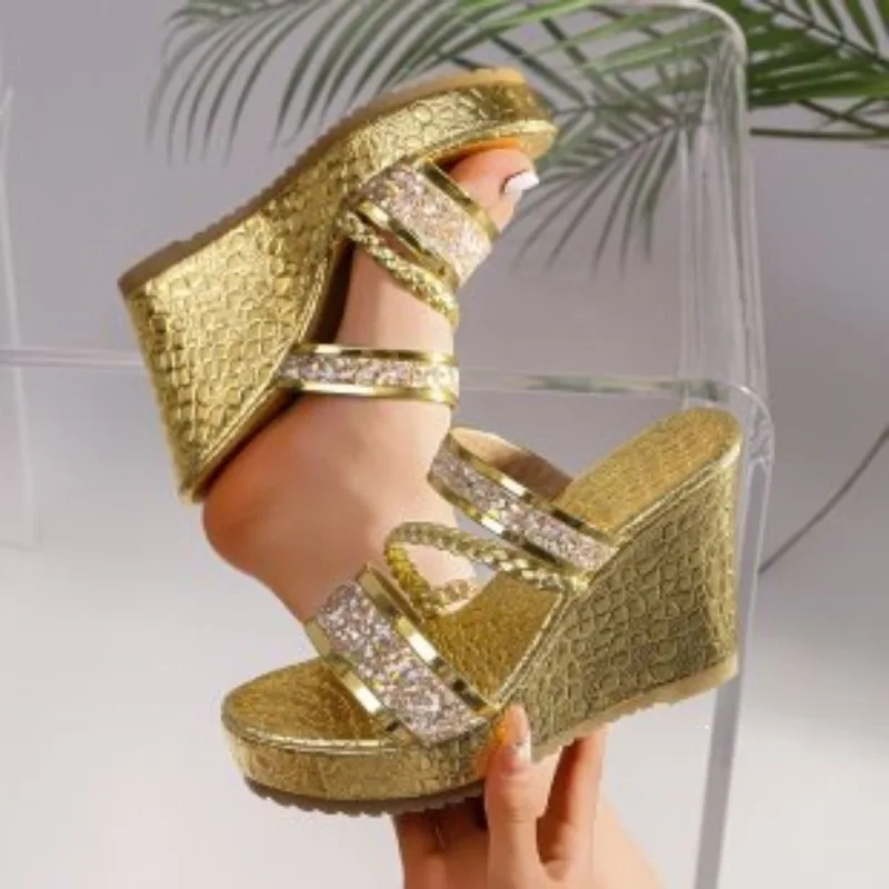 36-42 Plus Size Shoes for Women Summer Round Toe Platform Wedge Slip on Sequin Fashion Slippers Party Evening Dress Sandals view 5