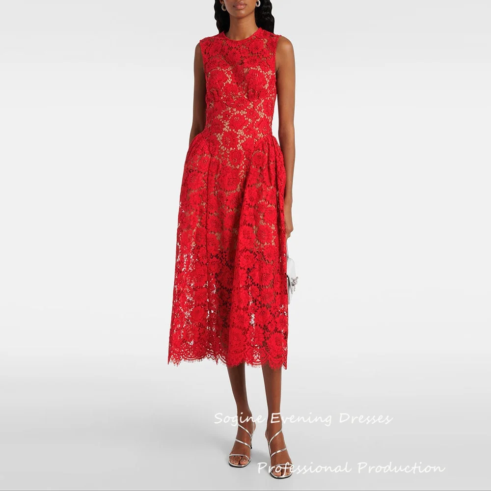 

Sexy Lace Customized O-Neck A-Line Prom Dresses For Women 2025 Tea Length فساتين سهرة Empire Waist Evening Dress Forma