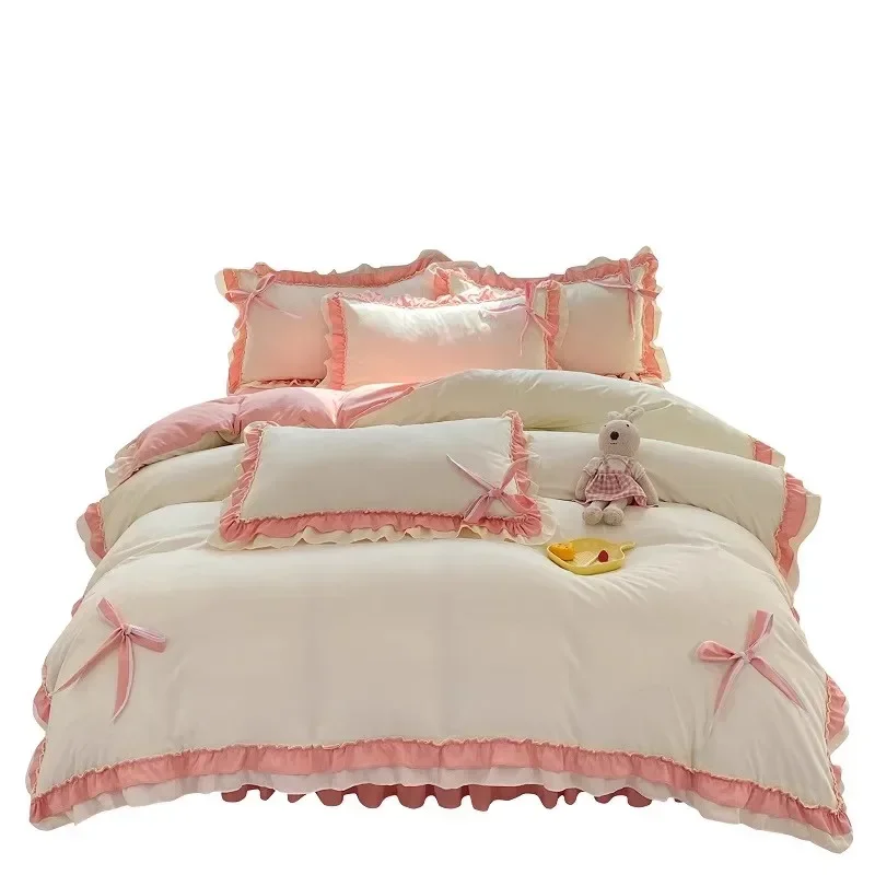 Korean Princess Style Bedding Set Girl Heart Solid Color Double Bed Sheets Washed Cotton Ruffled Bed Cover Skirt Sheet Quilt Se