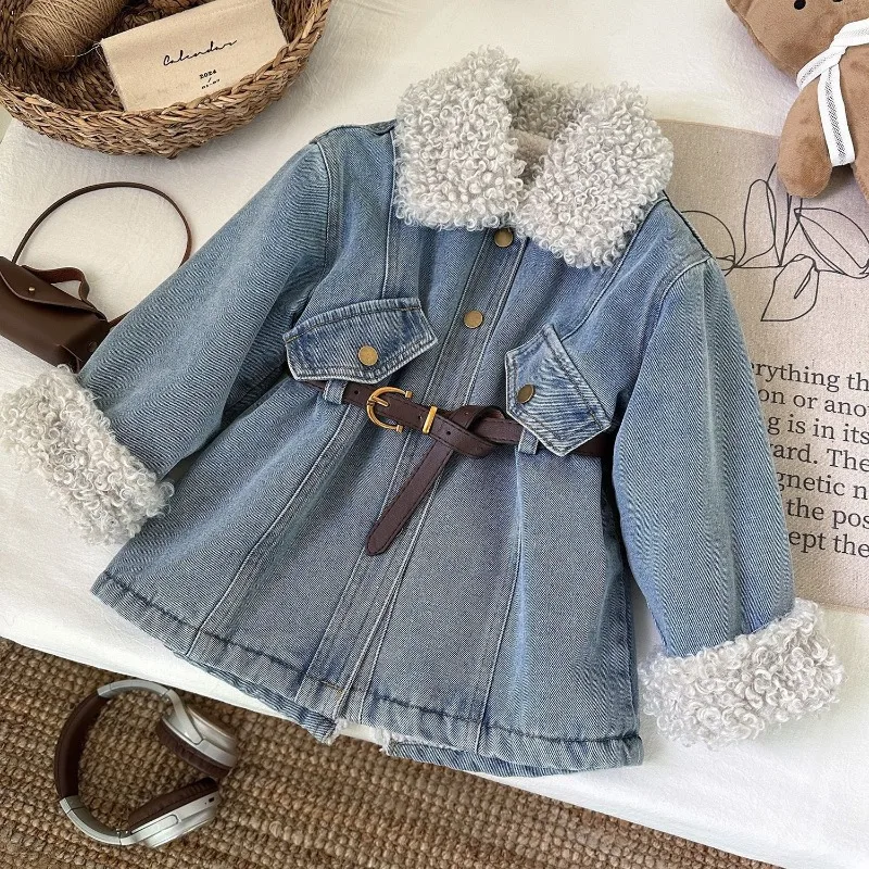 2026 New Winter Girls Denim Long Style Coat Baby Children Fleece Lining Lapel Dress Jacket Kids Girl Thicken Warm Belt Outerwear