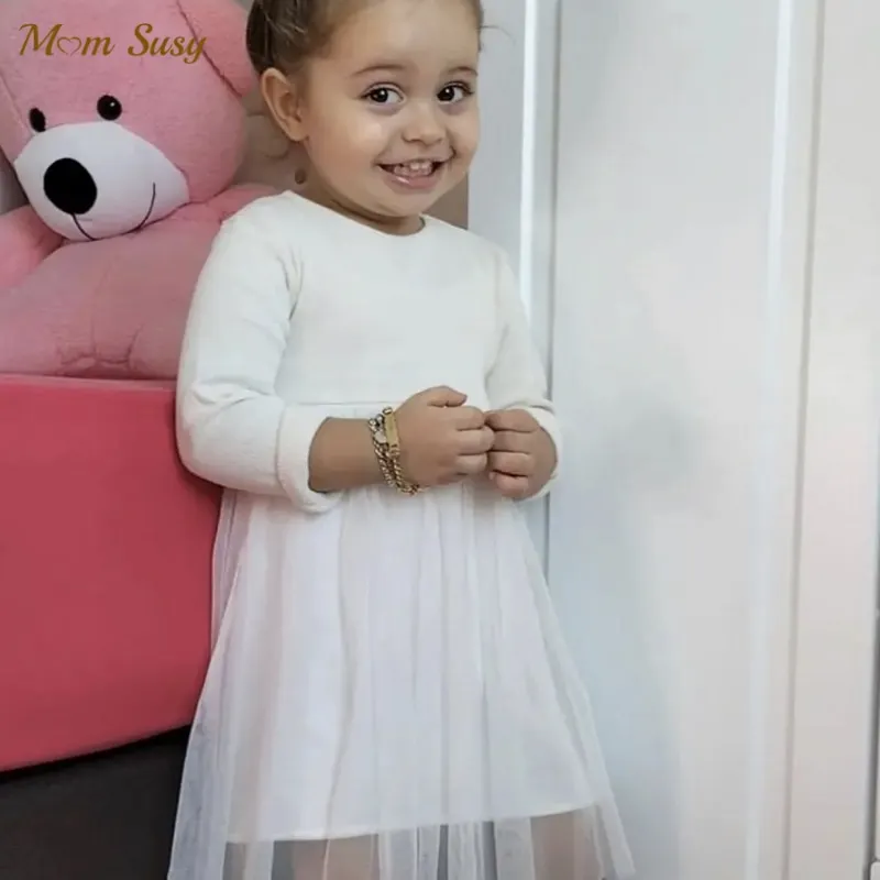 Baby Girl Princess Cotton Tutu Dress Long Sleeve Child Gauze Tulle Vestido Brief Spring Autumn Solid Color Baby Clothes 1-4Y