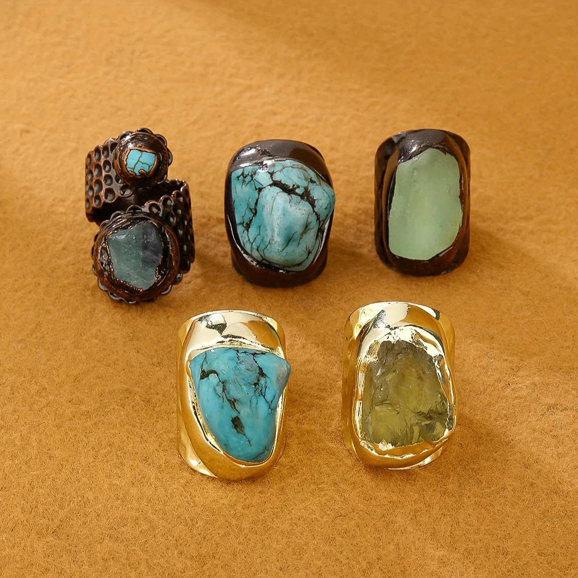 YEEVAA Boho-Chic Adjustable Ring with Natural Turquoise&Lemon Crystal - Vintage Style, Perfect for Casual Attire or Parties