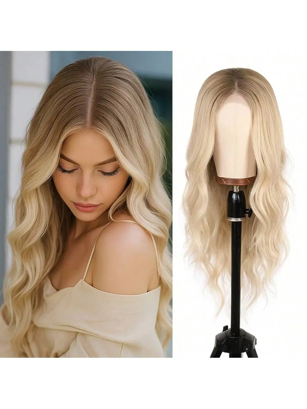 باروكة صناعية مجعدة متوسطة الطول أشقر أبيض بطول 26 بوصة مع غرة ذهبية يسلط الضوء على النساء يوميًا لعيد الهالوين وعيد الميلاد