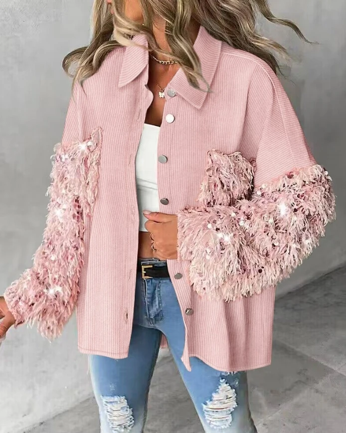 Women's Coat Casual Solid Contrast Sequin Turn-down Collar Long Sleeve Tassel Design Fuzzy Raw Hem Shacket Cardigan with Pocket