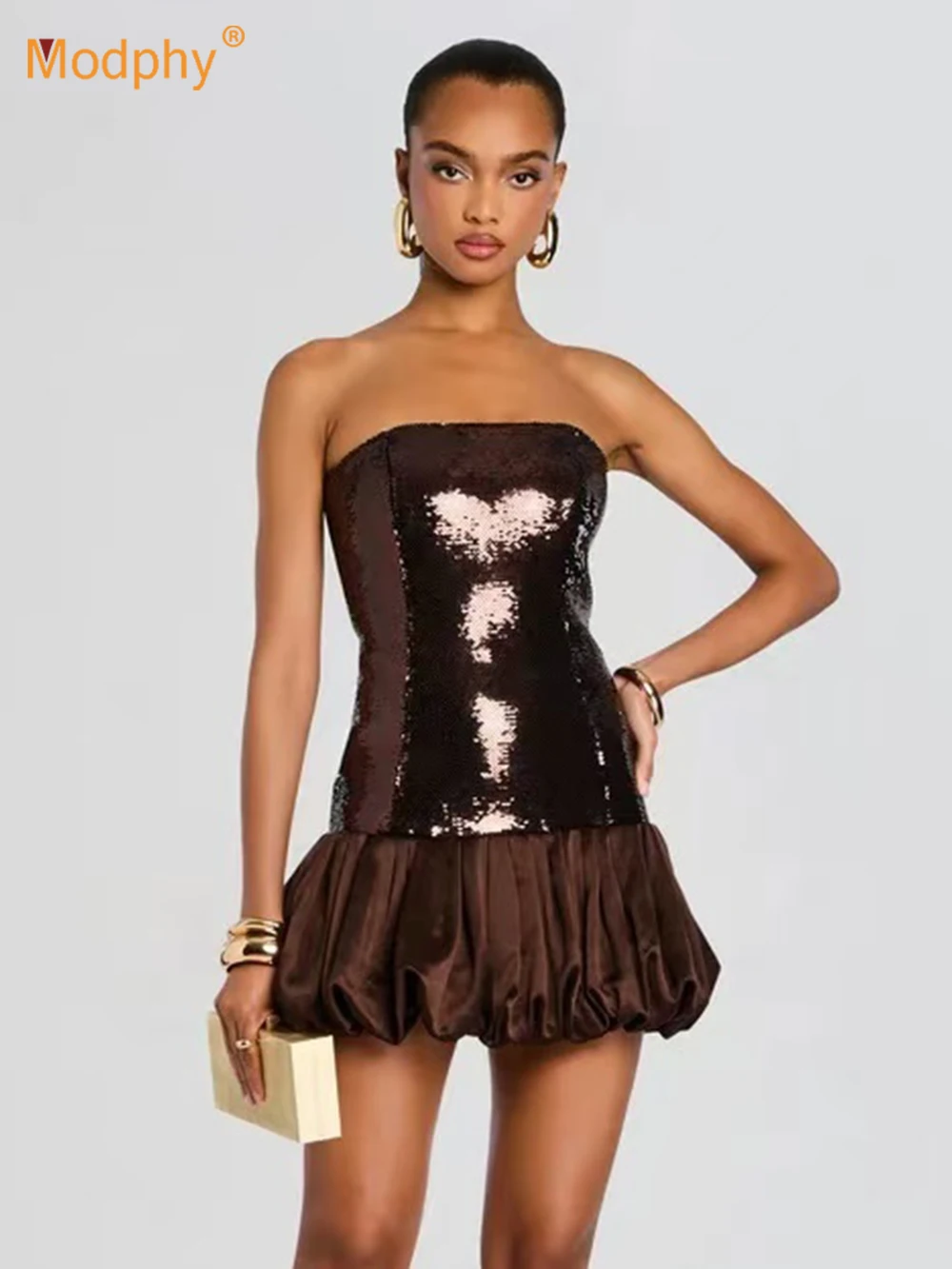 

Modphy Рождество без бретелек с блестками сексуальное коктейльное короткое платье 2025 новогодние вечерние платья женские роскошные облегающие мини-элегантные платья