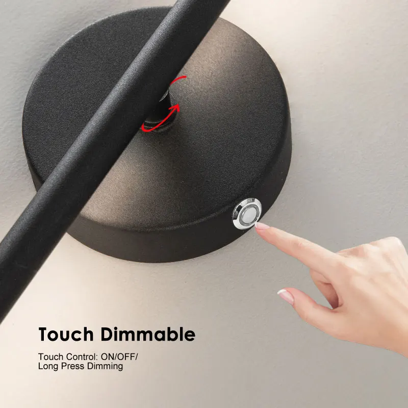 Wireless Rechargeable Battery LED Wall Lamps with Remote Control 3CCT 360° Rotatable Touch Switch Dimmable LED Wall Lights Black