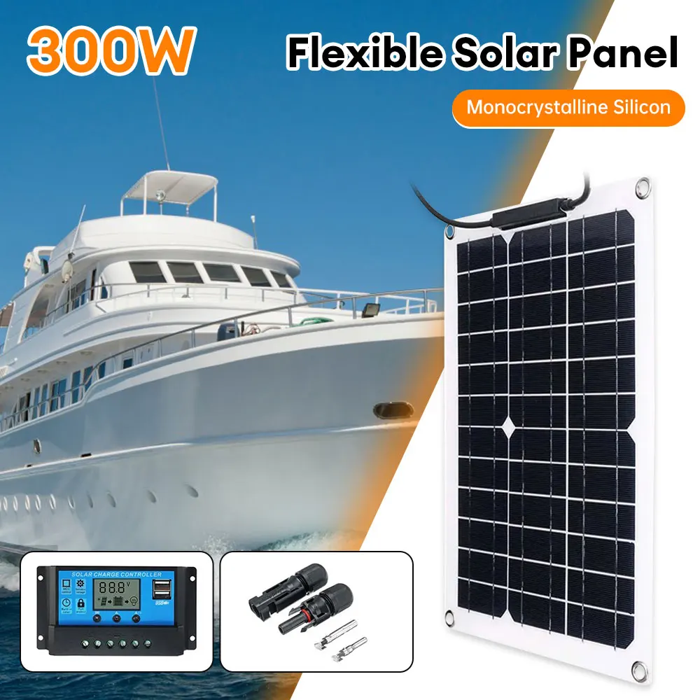 300W Flexible Solar Panel 12V Battery Charger with 100A Controller 18V Solar Cells Portable Waterproof Solar Charging Panel