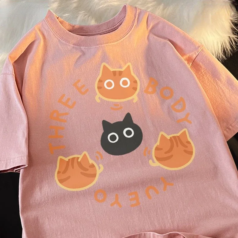 Japanese Cotton Cute Three Body Cat Short Sleeve T-shirt for Men and Women Couples Summer Loose Versatile Half Sleeve Top