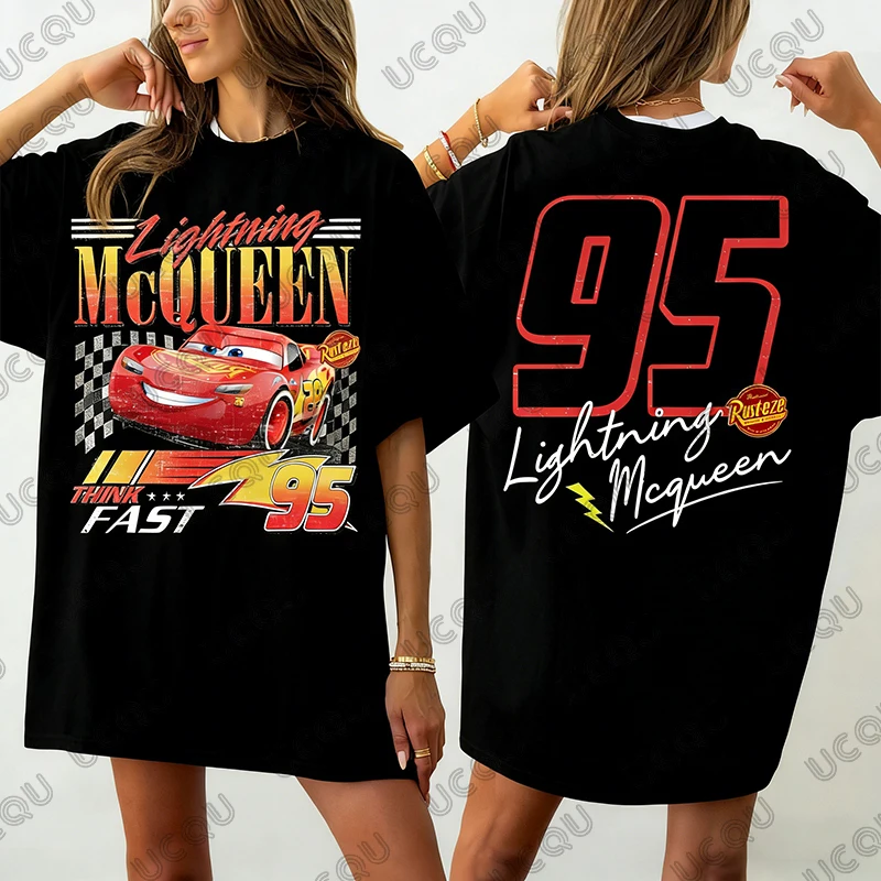 

2026 Хлопковая футболка с графическим принтом Disney Cars Lightning Mcqueen 95 для женщин, летние винтажные футболки с короткими рукавами, повседневные топы для пар