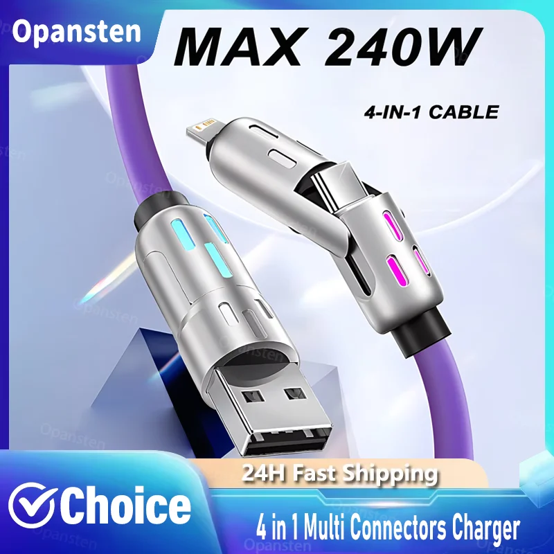 

240W Super Charging Silicone Data Cable Rotating Elbow Multi-interface Design LED Colorful Neon Lights Mobile Phone Accessories