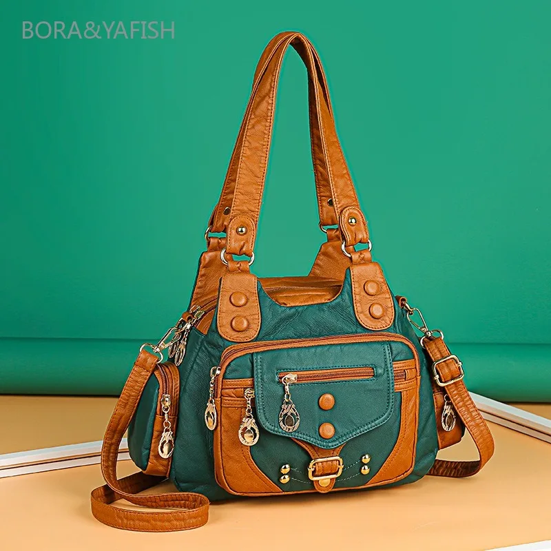 

New Contrasting Bag Cross-border Rivet Washed Women's Bag Single-shoulder Cross-body Hand-to-hand Soft Large Capacity Multi-layer