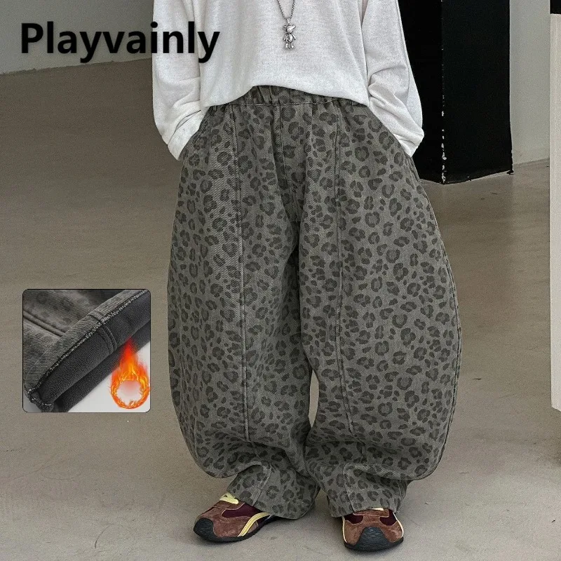 

Новинка 2023 года, повседневные широкие брюки для мальчиков, детские флисовые брюки с леопардовым принтом, теплые свободные брюки с изогнутым подолом на весну и осень A5908