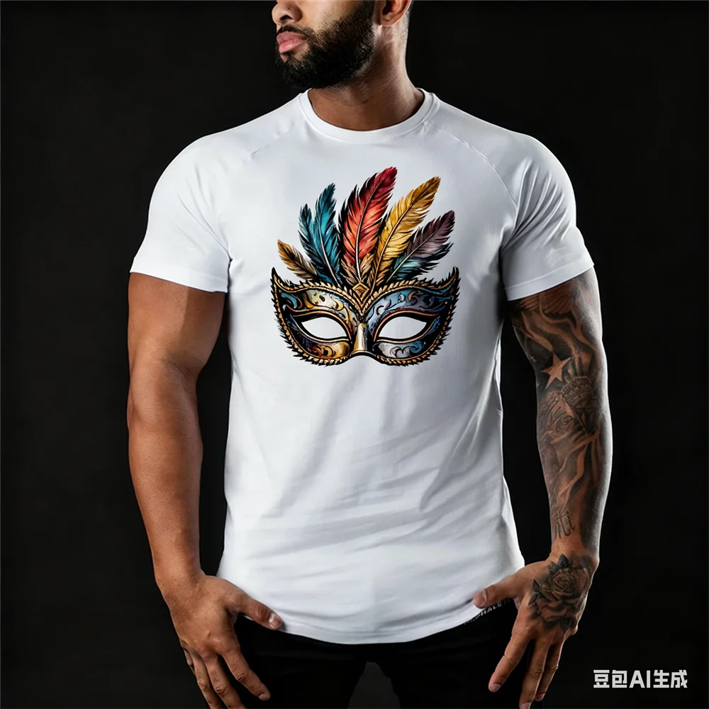 Brasilien Karneval Herren T-Shirt 3D Bunte Maske Gedruckt O-Ausschnitt Kurzarm Tops Freizeit Mode Karneval Party Unisex Kleidung