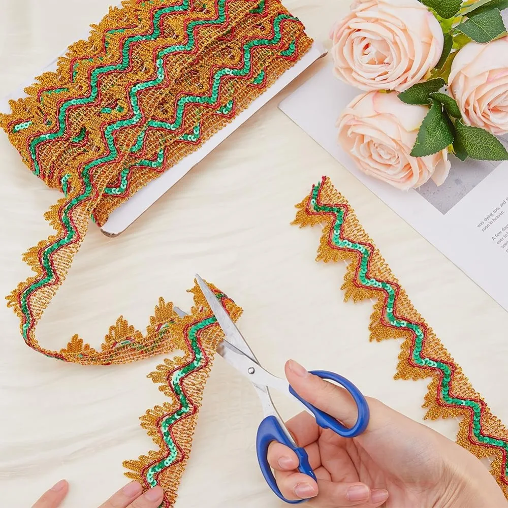 14.22 ياردة (13 متر) الأخضر الترتر الدانتيل تقليم 4 سنتيمتر عرض متفوقا الدانتيل تقليم مطرز شريط قماش بريق معدني الزخرفية Gimp تقليم