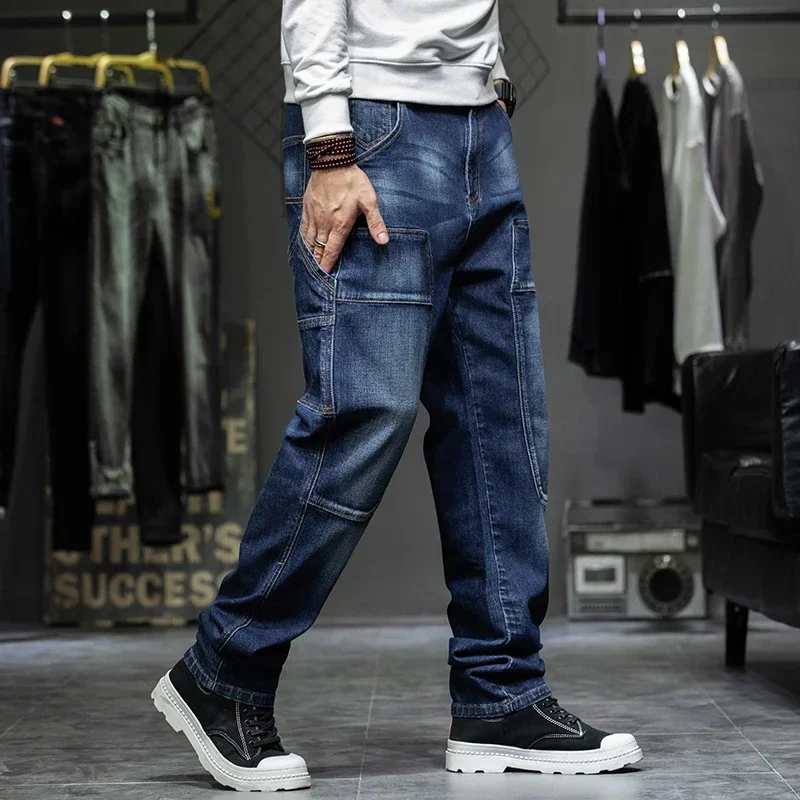 Multi-Pocket Baggy Jeans Mens Streetwear Cargo Denim Pants Straight Jean Trousers Plus Size 40 42 44