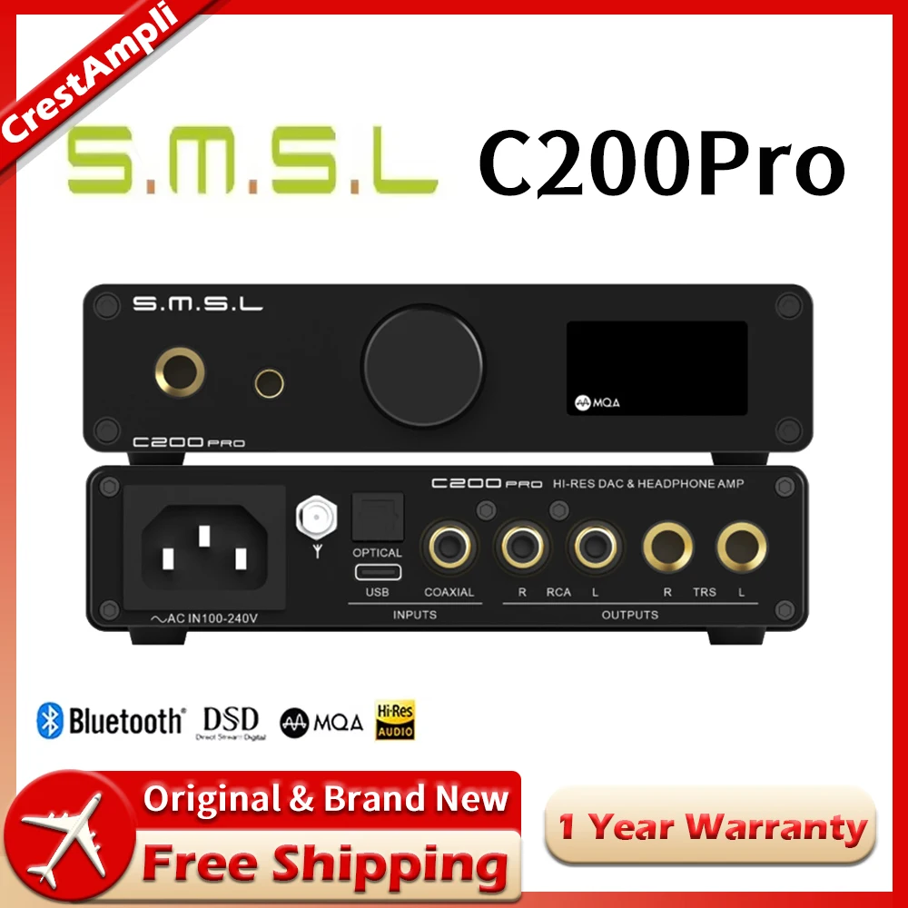 

SMSL C200Pro Hi Res Audio Decoder MQA-CD DSD Support Bluetooth5.1 USB Optical Coaxial 6.35mm 4.4mm Outputs Headphone Amplifier