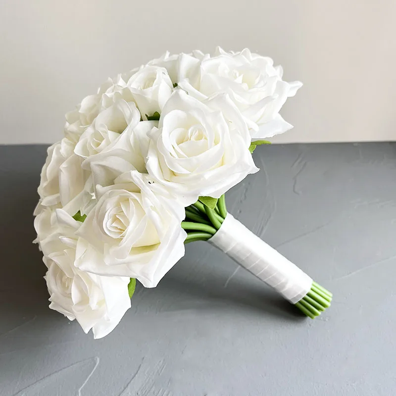 Bride Bridesmaids Bouquet Wedding Flowers Accessories Boutonniere Men White Silk Roses Artificial Bridal Bouquet Centrepiece image 2