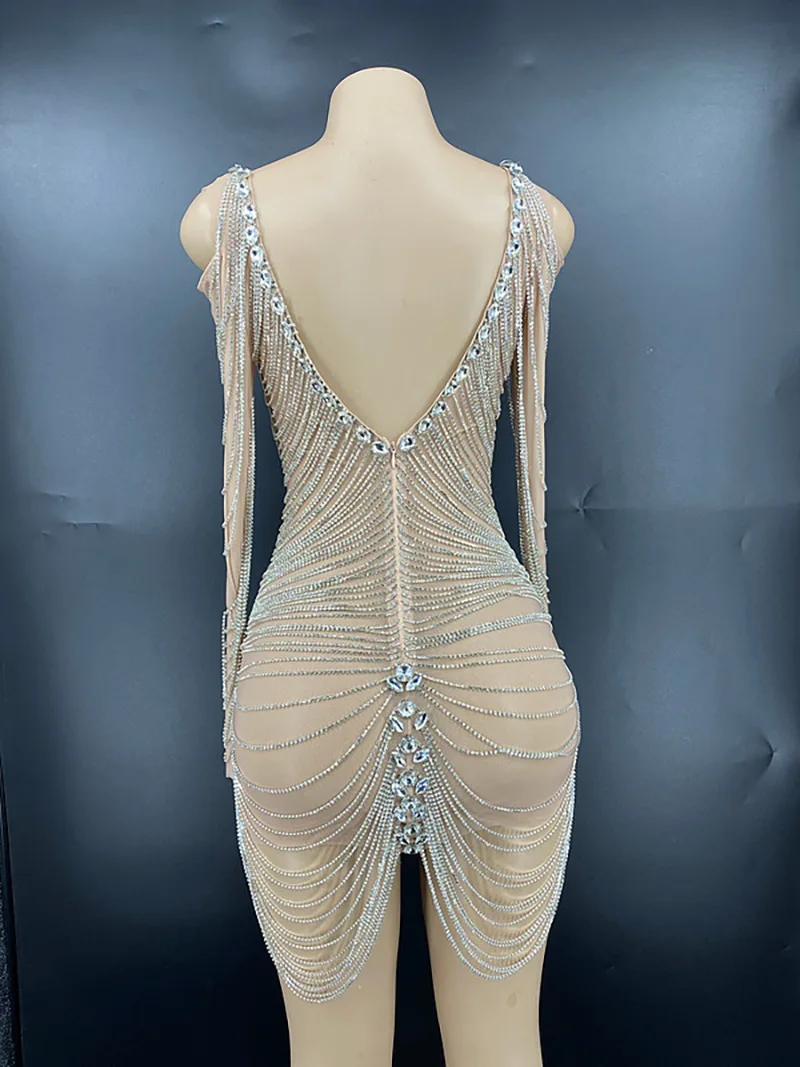 2023 Customized Tassels  Mesh lace Transparent High Elastic Short Sleeve Pearl Sexy Tight Party Dress  Stage Performance Dress