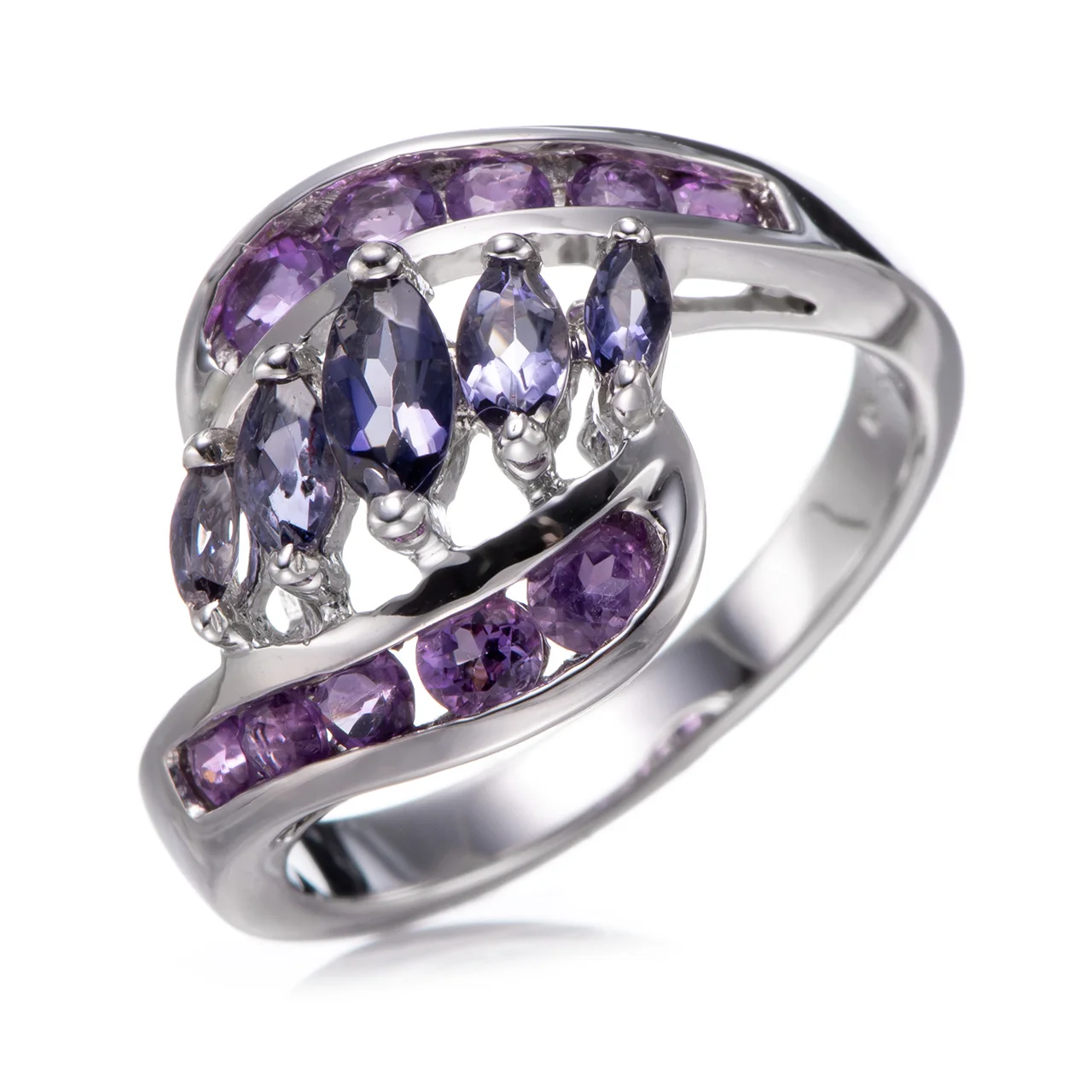 Iolite and Amethyst Rhodium Over Sterling Silver Ring